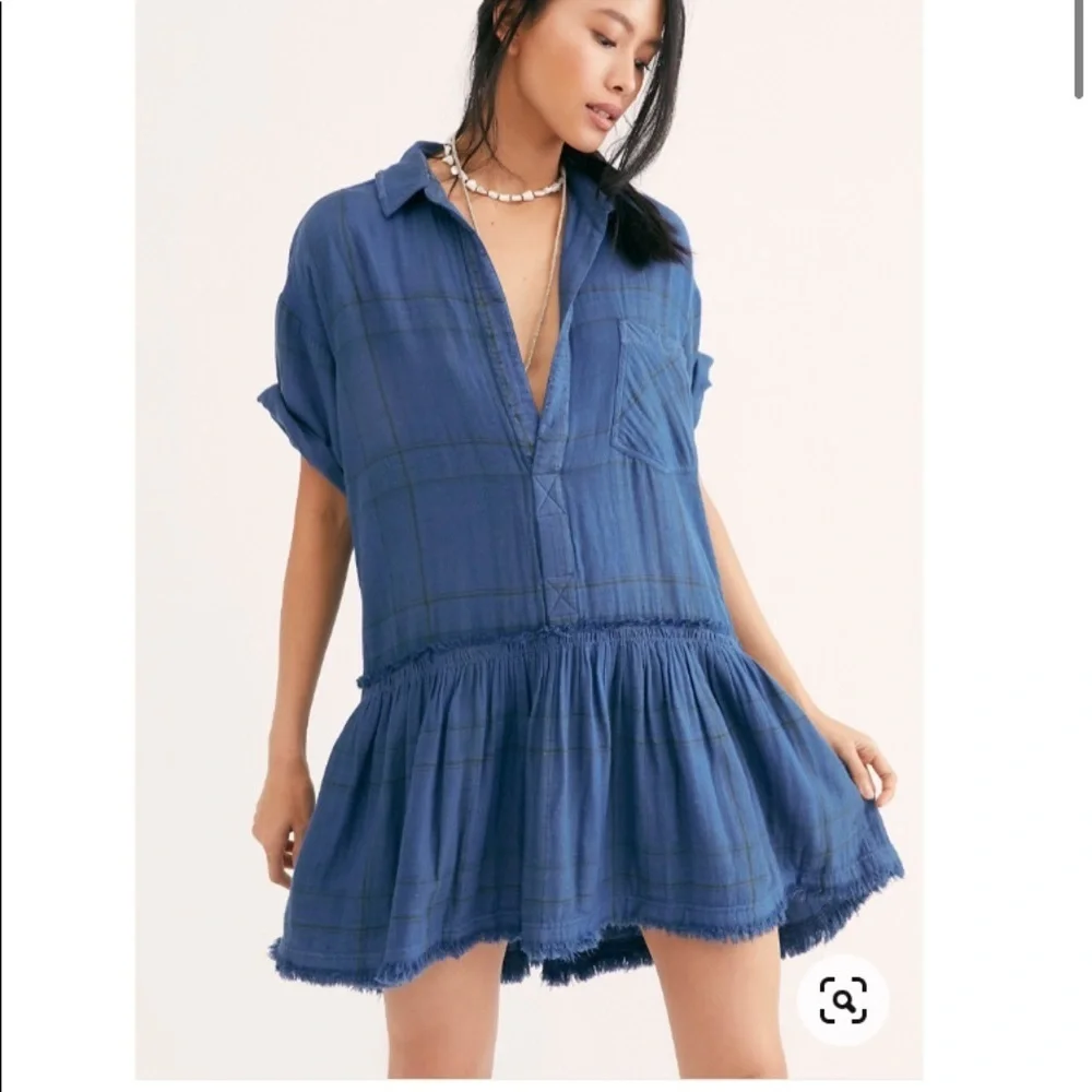 SALE NWT Free People Love Buzz Dress Med Blue Plaid